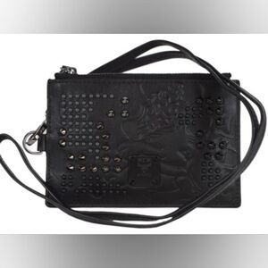 MCM Black Leather Studded Munich Lion Zipped Card Wallet Lanyard